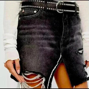 Free People We the Free Black Demin Destroyed Mini Skirt New with tags